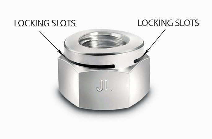 Self-locking nut/Locknut displaying locking slots.